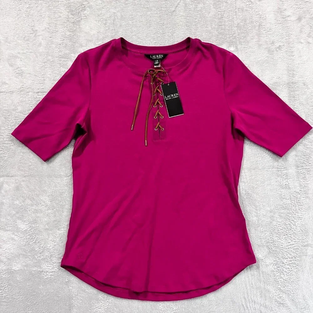 LAUREN Ralph Lauren Lace-Up Stretch Cotton Top Blouse Pink Sz Large NWT‎ Women's